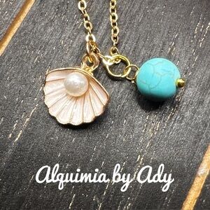 SHELL + PEARL + TRURQUOISE  DAINTY GOLD NECKLACE